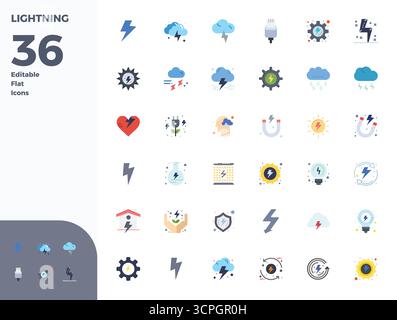 Expertly designed 36 Flat PIXEL perfect vector icons for Lightning, engineered at 128x128 resolution for flawless integration and performance. Stock Vector