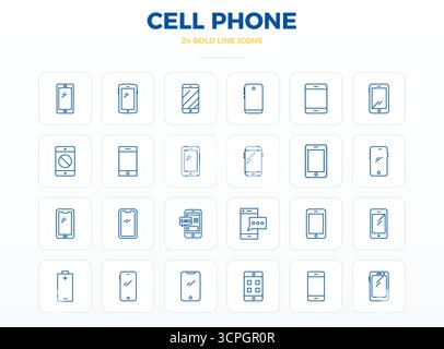 Precision-engineered 24 Strong Outline vector icons for Cell Phone, designed at 128x128 PIXEL perfect resolution for exceptional clarity and scalabili Stock Vector
