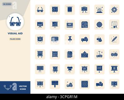 A dynamic set of 36 vector icons in Filled, tailored for Visual Aid with 128x128 PIXEL perfect quality suited for digital products. Stock Vector