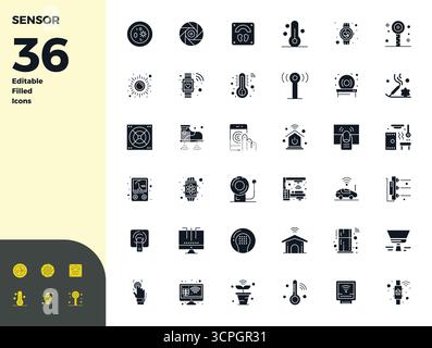 Set of 36 Glyph Filled PIXEL perfect vector icons themed around Sensor, crafted in 128x128 resolution for seamless integration in apps and websites. Stock Vector