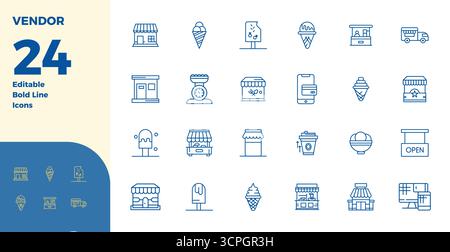 Beautifully rendered 24 Bold Line PIXEL perfect vector icons for Vendor, created at 128x128 resolution for stunning visual consistency across platform Stock Vector
