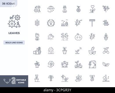 High-performance collection of 36 Heavy Line vector icons for Leaves, engineered with 128x128 PIXEL perfect resolution for optimal user interface desi Stock Vector