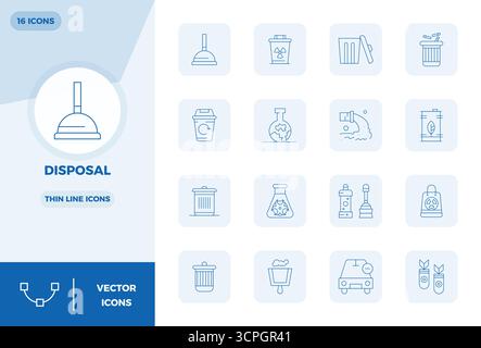 Masterfully created 16 vector icons representing Disposal in Thin Line design, featuring 128x128 PIXEL perfect resolution for exceptional visual quali Stock Vector
