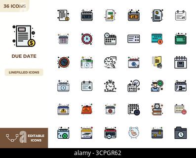 Intelligently designed 36 PIXEL perfect vector icons inspired by Due Date, created in Flat Lineal Color format at 128x128 for smart and efficient desi Stock Vector
