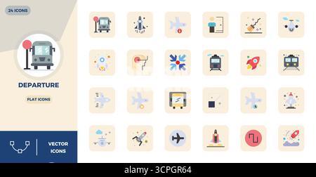 Strategic bundle featuring 24 vector icons representing Departure in Flat format, optimized with 128x128 PIXEL perfect quality for professional workfl Stock Vector
