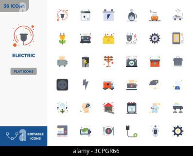 Masterfully created 36 vector icons representing Electric in Flat Color design, featuring 128x128 PIXEL perfect resolution for exceptional visual qual Stock Vector