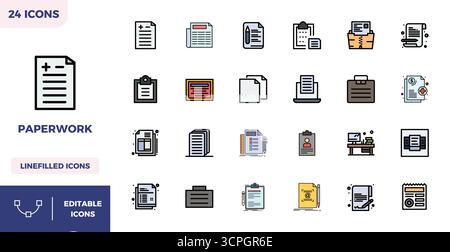 Download 24 scalable Flat Lineal Color vector icons designed for Paperwork, featuring PIXEL perfect 128x128 resolution suitable for professional and c Stock Vector