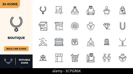 Expertly designed 24 Heavy Line PIXEL perfect vector icons for Boutique, engineered at 128x128 resolution for flawless integration and performance. Stock Vector