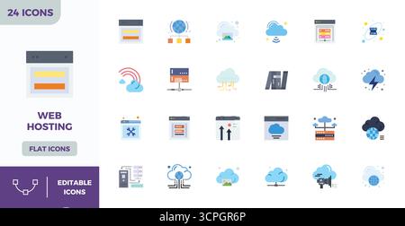Handcrafted collection featuring 24 Flat Color vector icons for Web Hosting, optimized in 128x128 PIXEL perfect resolution for premium digital experie Stock Vector