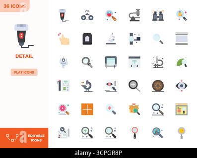Carefully curated 36 Flat Color vector icons for Detail, featuring 128x128 PIXEL perfect resolution for consistent brand representation and user exper Stock Vector