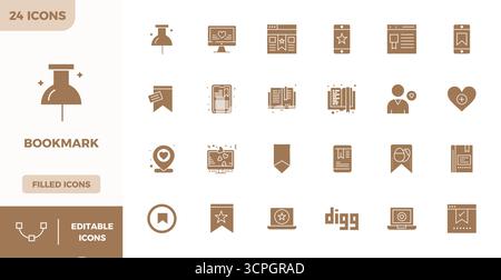 Expertly designed 24 Filled PIXEL perfect vector icons for Bookmark, engineered at 128x128 resolution for flawless integration and performance. Stock Vector