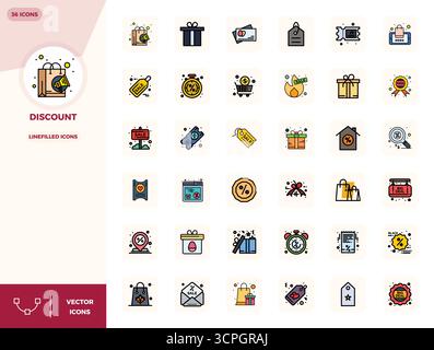 Premium collection of 36 LineFilled vector icons for Discount, meticulously crafted in 128x128 PIXEL perfect resolution for superior visual impact. Stock Vector