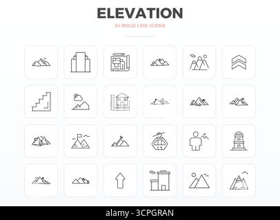 Thoughtfully designed 24 vector icons themed around Elevation, crafted in Strong Outline with 128x128 PIXEL perfect precision for contemporary design Stock Vector