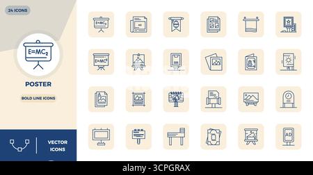 This collection features 24 Bold Line PIXEL perfect vector icons tailored to the Poster theme, optimized in 128x128 format for digital design. Stock Vector