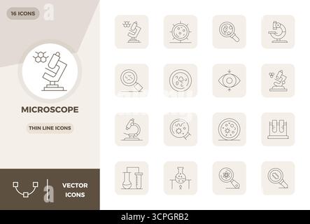 Thoughtfully designed 16 vector icons themed around Microscope, crafted in Thin Line with 128x128 PIXEL perfect precision for contemporary design need Stock Vector