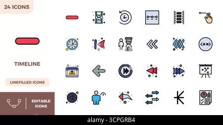 Set of 24 Flat Lineal Color PIXEL perfect vector icons themed around Timeline, crafted in 128x128 resolution for seamless integration in apps and webs Stock Vector