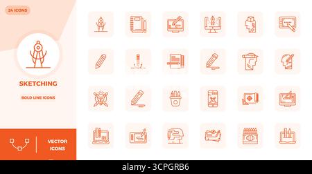 Expertly designed 24 Bold Line PIXEL perfect vector icons for Sketching, engineered at 128x128 resolution for flawless integration and performance. Stock Vector