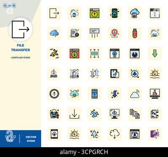 Meticulously crafted 42 LineFilled vector icons for File Transfer, delivered in 128x128 PIXEL perfect quality for uncompromising design standards. Stock Vector