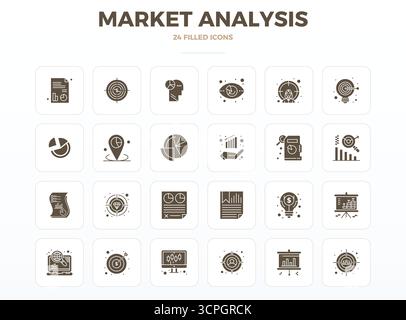 Download 24 scalable SolidFill vector icons designed for Market Analysis, featuring PIXEL perfect 128x128 resolution suitable for professional and cre Stock Vector