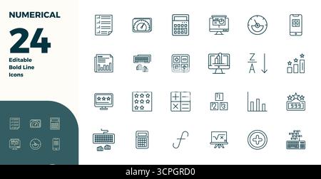 Set of 24 Bold Line PIXEL perfect vector icons themed around Numerical, crafted in 128x128 resolution for seamless integration in apps and websites. Stock Vector