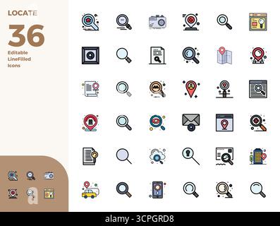 Revolutionary set of 36 PIXEL perfect vector icons inspired by Locate, created in Duotone format at 128x128 resolution for cutting-edge design. Stock Vector
