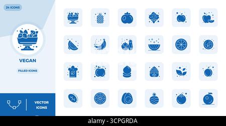 Sophisticated bundle of 24 Filled vector icons for Vegan, engineered with 128x128 PIXEL perfect clarity for professional applications. Stock Vector