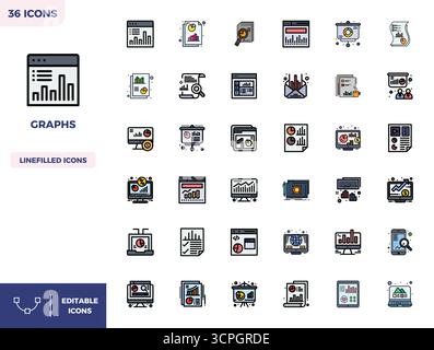 Masterfully created 36 vector icons representing Graphs in Flat Lineal Color design, featuring 128x128 PIXEL perfect resolution for exceptional visual Stock Vector