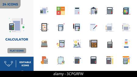 A clean collection of 24 Flat Color vector icons representing Calculator, designed in 128x128 PIXEL perfect format for modern dashboards and interface Stock Vector