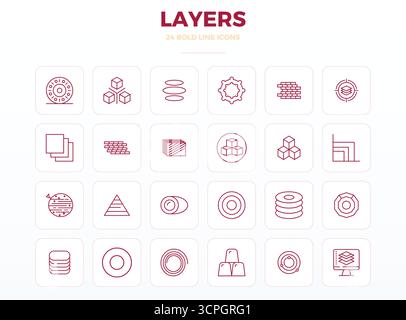 Enhance your projects with 24 Strong Outline vector icons themed around Layers, featuring 128x128 PIXEL perfect resolution ideal for clean and profess Stock Vector