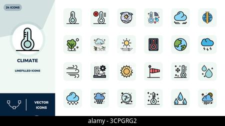 Set of 24 LineFilled PIXEL perfect vector icons themed around Climate, crafted in 128x128 resolution for seamless integration in apps and websites. Stock Vector