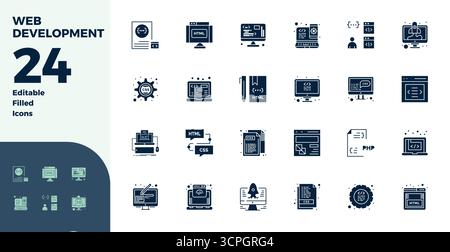 Intelligently designed 24 PIXEL perfect vector icons inspired by Web Development, created in Glyph Filled format at 128x128 for smart and efficient de Stock Vector