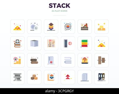 Complete package of 24 vector icons themed around Stack, showcasing Minimal Flat design in 128x128 PIXEL perfect quality for modern interfaces. Stock Vector