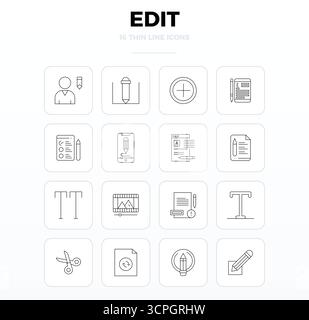 This collection features 16 Thin Outline PIXEL perfect vector icons tailored to the Edit theme, optimized in 128x128 format for digital design. Stock Vector