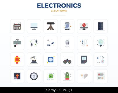 Distinctive pack of 24 PIXEL perfect vector icons inspired by Electronics, crafted in Minimal Flat format at 128x128 for memorable brand experiences. Stock Vector