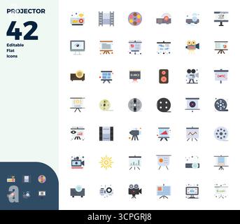 Strategic bundle featuring 42 vector icons representing Projector in Flat format, optimized with 128x128 PIXEL perfect quality for professional workfl Stock Vector