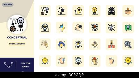 This Conceptual vector icon pack includes 24 LineFilled designs in 128x128 PIXEL perfect format, perfect for enhancing digital interfaces. Stock Vector
