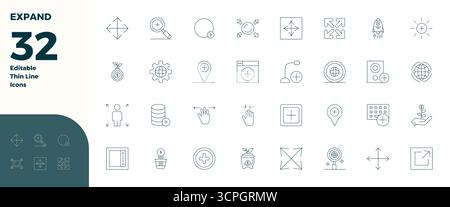 Carefully curated 32 Thin Line vector icons for Expand, featuring 128x128 PIXEL perfect resolution for consistent brand representation and user experi Stock Vector