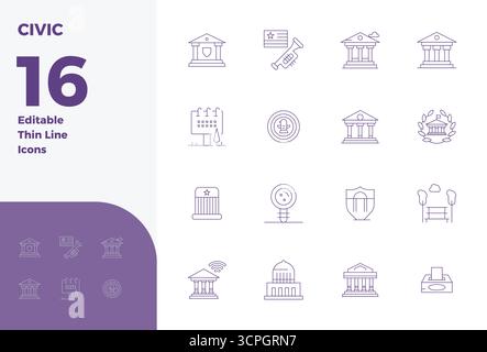 This Civic vector icon pack includes 16 Thin Line designs in 128x128 PIXEL perfect format, perfect for enhancing digital interfaces. Stock Vector