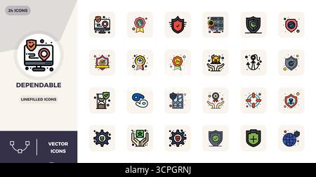 Industry-leading pack of 24 LineFilled PIXEL perfect vector icons for Dependable, sized at 128x128 for optimal rendering and user interface excellence Stock Vector
