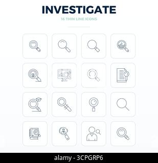 Unlock 16 Thin Outline PIXEL perfect vector icons inspired by Investigate, optimized in 128x128 format for flawless display across all devices. Stock Vector