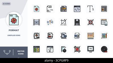 Refined bundle featuring 24 LineFilled vector icons for Format, optimized with 128x128 PIXEL perfect quality for elegant and functional design solutio Stock Vector