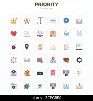Professional-grade collection of 36 Minimal Flat vector icons representing Priority, crafted with 128x128 PIXEL perfect precision for enterprise appli Stock Vector