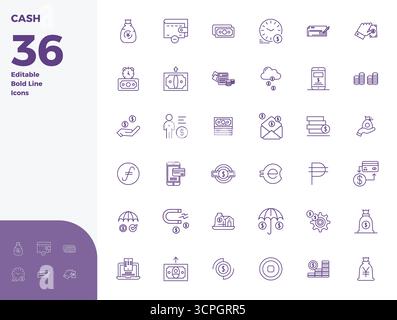 This set of 36 Bold Line vector icons captures Cash themes in 128x128 PIXEL perfect quality, perfect for tech and business applications. Stock Vector