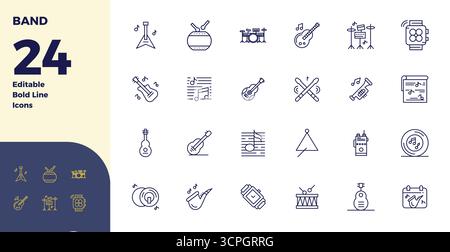 This Band vector icon pack includes 24 Bold Line designs in 128x128 PIXEL perfect format, perfect for enhancing digital interfaces. Stock Vector