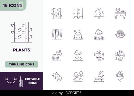 Enhance your projects with 16 Minimal Line vector icons themed around Plants, featuring 128x128 PIXEL perfect resolution ideal for clean and professio Stock Vector