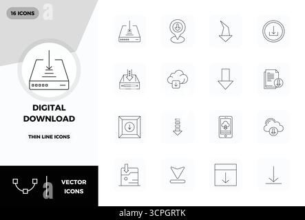 Meticulously crafted 16 Thin Line vector icons for Digital Download, delivered in 128x128 PIXEL perfect quality for uncompromising design standards. Stock Vector