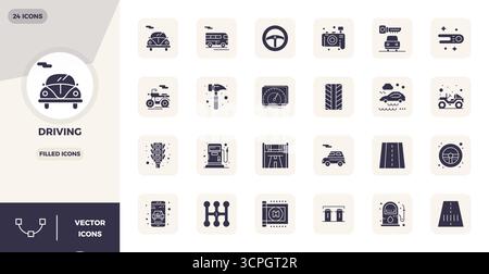 Complete package of 24 vector icons themed around Driving, showcasing Filled design in 128x128 PIXEL perfect quality for modern interfaces. Stock Vector