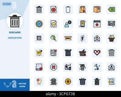 Comprehensive toolkit of 36 vector icons themed around Discard, developed in LineFilled with 128x128 PIXEL perfect precision for versatile design appl Stock Vector