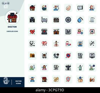 Essential pack of 42 PIXEL perfect vector icons for Doctor in LineFilled format, sized at 128x128 for optimal performance and scalability. Stock Vector