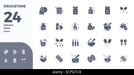 This set of 24 Glyph Filled vector icons captures Drugstore themes in 128x128 PIXEL perfect quality, perfect for tech and business applications. Stock Vector